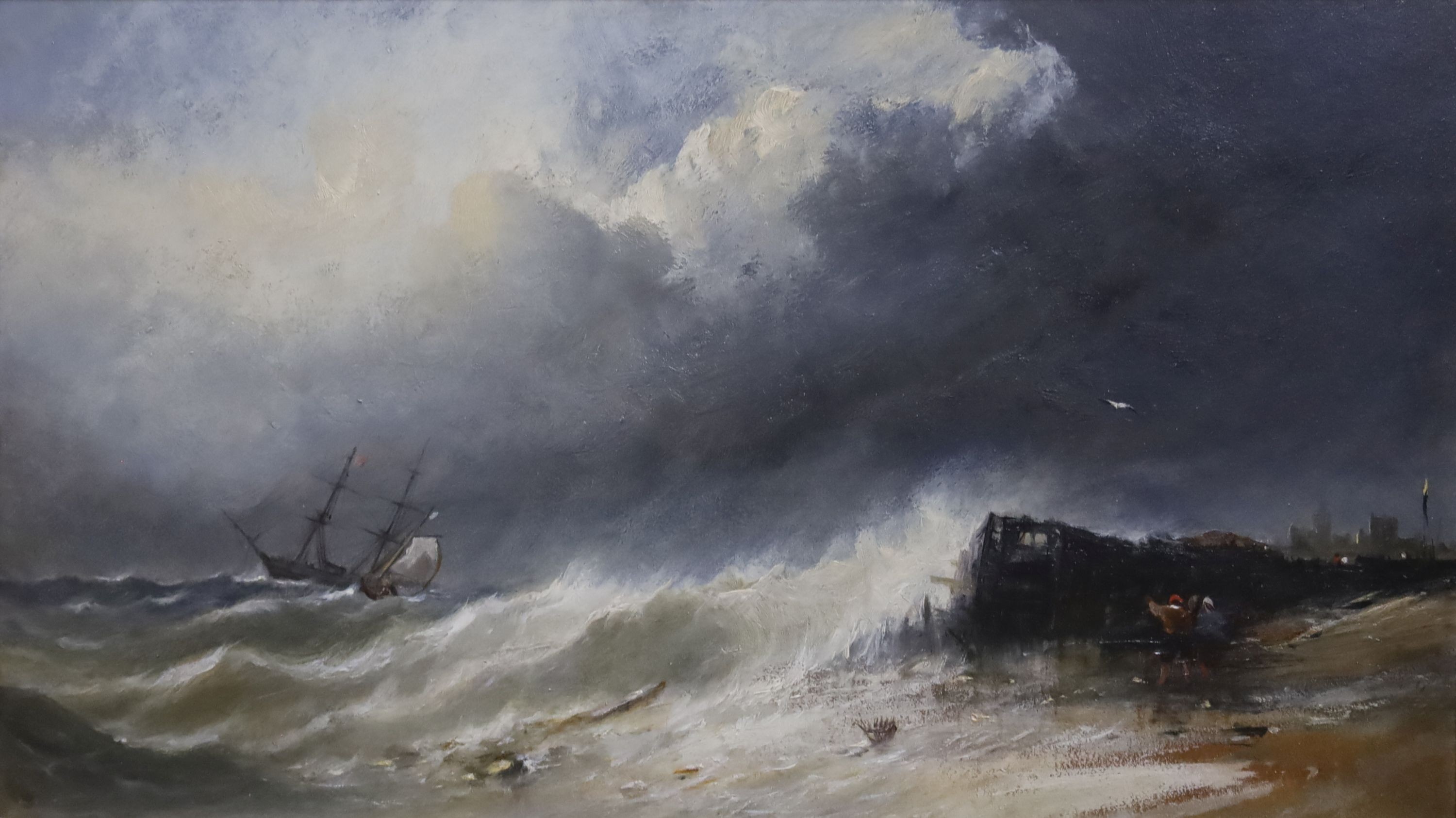 English School, attributed to W Ready, oil on board, Shipping off the coast in a rough sea, 27 x 46cm